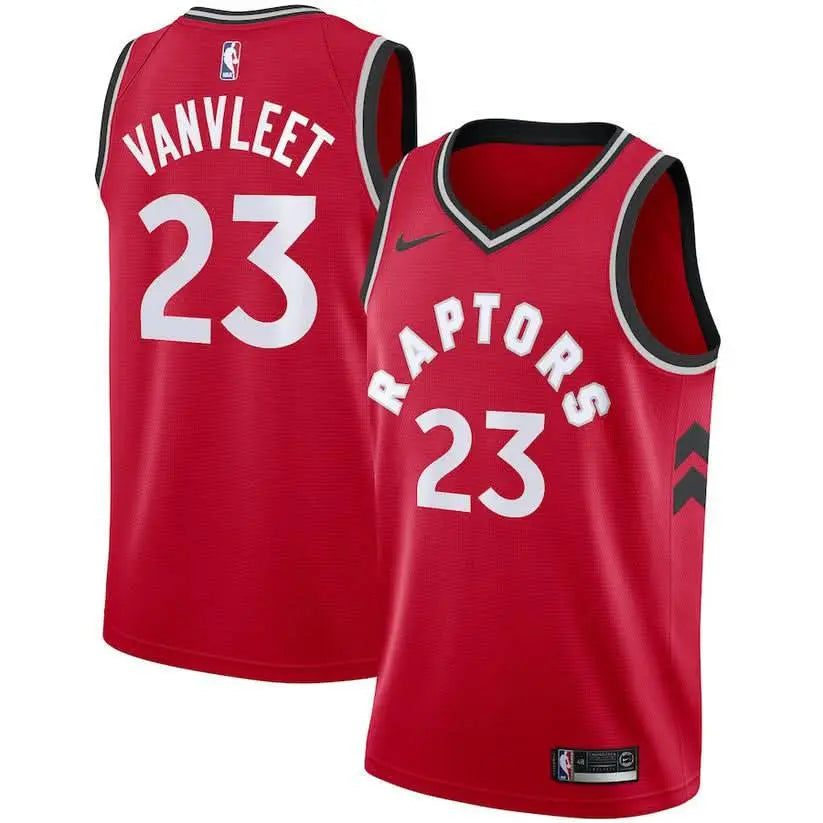 A red 2019/20 Toronto Raptors jersey by NorthAmericaTesting with number 23 and VANVLEET on the back. Features RAPTORS and 23 on the front plus black, white, and silver trim—perfect for any Fred VanVleet fan.
