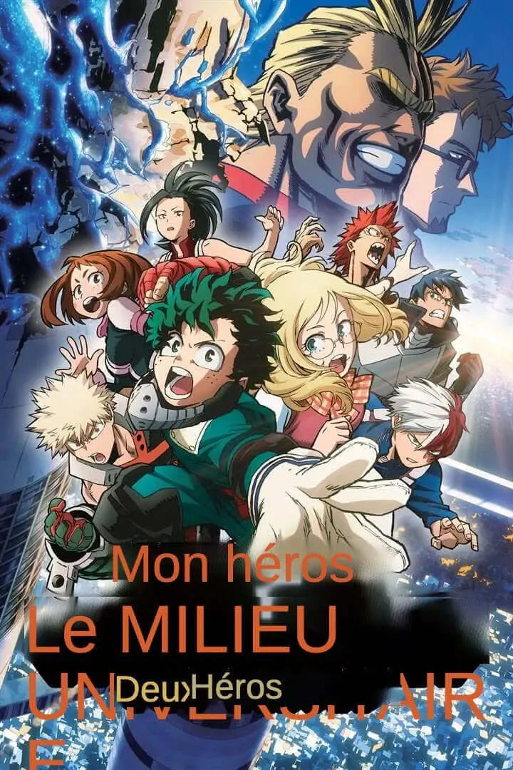 NorthAmericaTesting features several My Hero Academia heroes posing dynamically with bright blue and white energy bursts, overlaid by French text: "Mon héros, Le MILIEU, Deux Héros.
