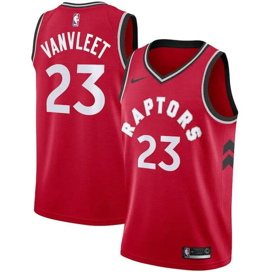 A red 2019/20 Toronto Raptors jersey by NorthAmericaTesting with number 23 and VANVLEET on the back. Features RAPTORS and 23 on the front plus black, white, and silver trim—perfect for any Fred VanVleet fan.
