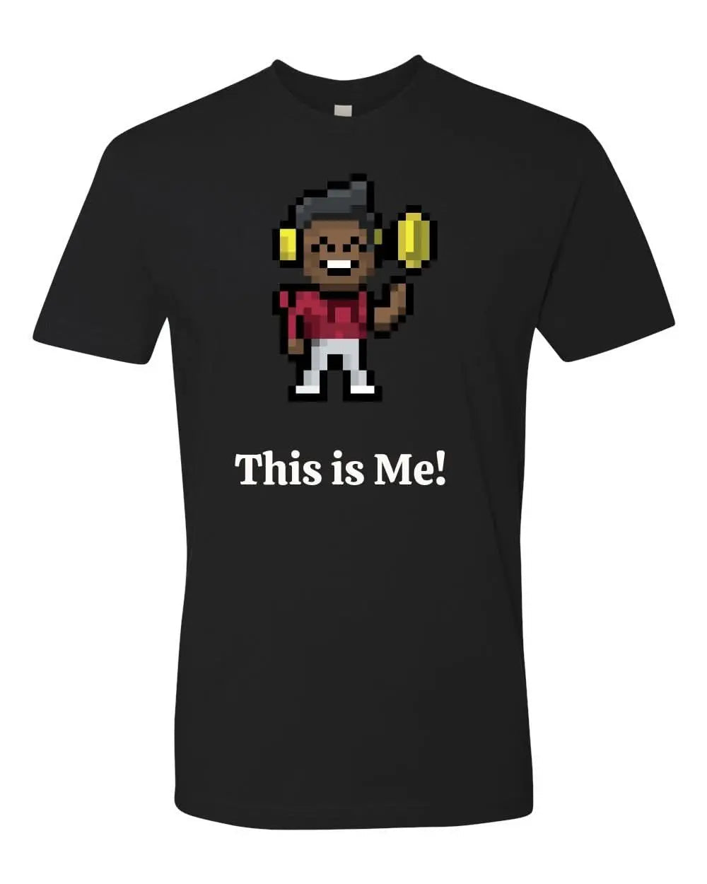 Next Level T-shirt featuring a pixel art character and "This is Me!" text, made of 100% combed ringspun cotton.