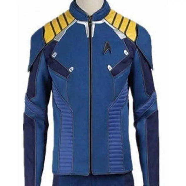 Star Trek Discovery Jacket in blue with yellow accents and detailed stitching.