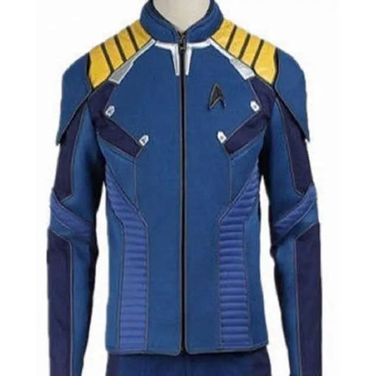 Star Trek Discovery Jacket in blue with yellow accents and detailed stitching.